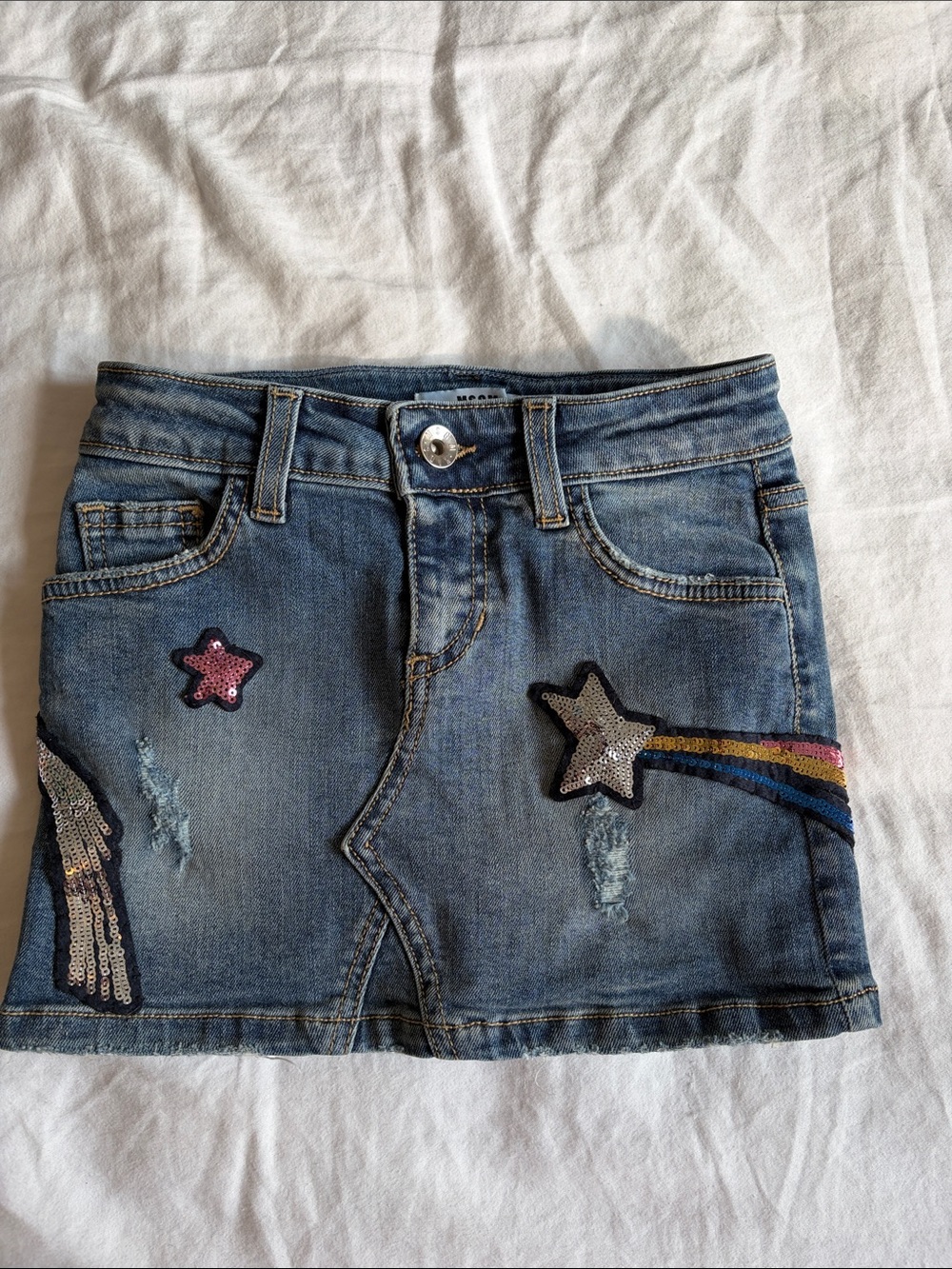 MSGM Blue Denim Mini Skirt with Sequin Star and Rainbow Patches